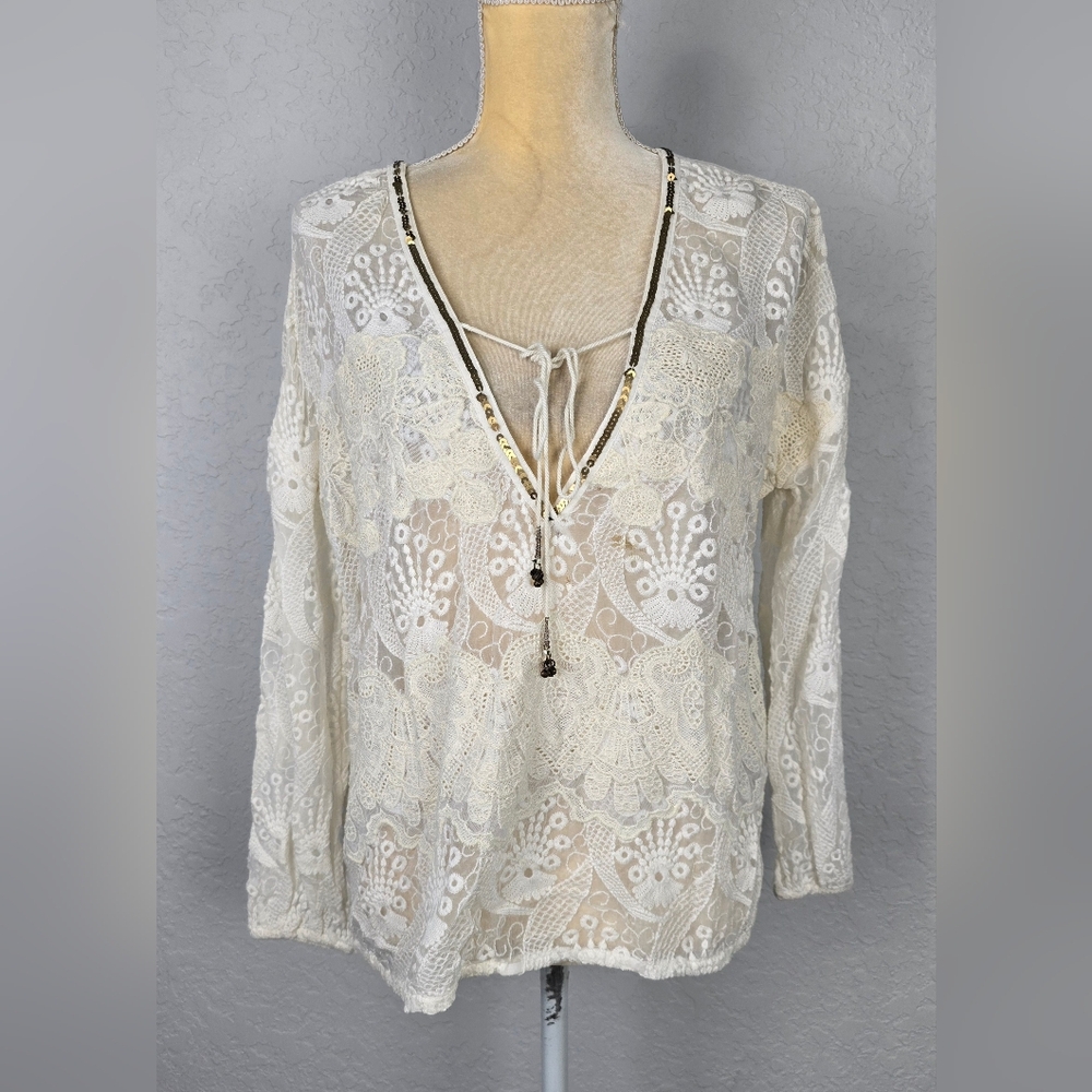 Free People Ivory Embroidered Bohemian Whimsigoth Trinklets Sheer Top sz XS
